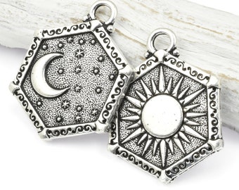 Sun and Moon Pendant - Antique Silver Pendant - TierraCast Celestial Collection - 21.5mm x 28.5mm Rerversible Double Sided Pendant (P1779)