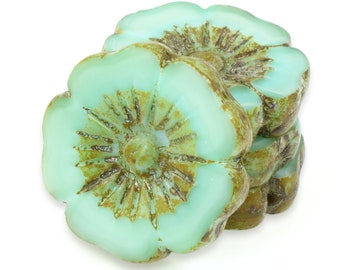 22mm Hibiscus Flower Beads - Table Cut Czech Glass Beads -  Seafoam Green Silk with Picasso Finish - Large Czech Flower Beads #018