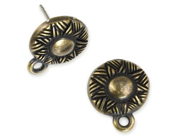 Antique Brass Post Earring Findings - TierraCast Woven Post Brass Oxide Stud Earring with Loop - Bronze Ear Finding for Jewelry Making P2496
