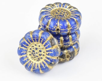 13mm Sunflower Beads - Royal Blue Silk with Gold Wash Czech Glass Beads - Blue Sun Flower Beads by Raven's Journey (#035)