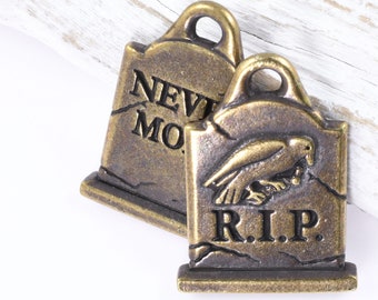 Grave Stone Charms - Antique Brass Charms 20mm - Gravestone RIP R.I.P Raven Nevermore Charms TierraCast  Halloween Bronze Charms (P1158)