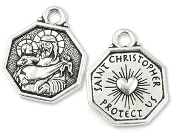 Saint Christopher Charm - TierraCast Antique Silver Pendant - 19mm x 24mm Silver Charm for Faith Jewelry (P2598)