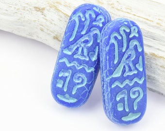 Egyptian Cartouche Glass Beads - 25mm x 10mm Oval Beads - Lapis Blue Opaque Matte with Aqua Wash  - Czech Beads by Ravens Journey #865