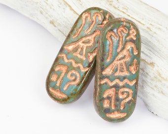 Egyptian Cartouche Glass Beads - 25mm x 10mm Oval Beads - Blue Turquoise Opaque with Picasso Finish and Copper Wash - by Ravens Journey #857