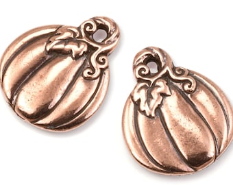 Antique Copper Pumpkin Charms - TierraCast 18mm x 15mm Pumpkin Pendants for Fall Jewelry - Double Sided Autumn Fall Gourd Charms (P2308)