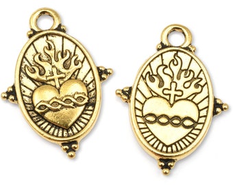 Sacred Heart Charm by TierraCast - 29mm Tall Antique Gold Sacred Heart Pendant - Gold Charm for Faith Jewelry (P2591)