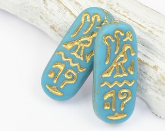 Egyptian Cartouche Glass Beads - 25mm x 10mm Oval Beads - Turquoise Blue Opaque Matte with Gold Wash - Czech Beads by Ravens Journey #847