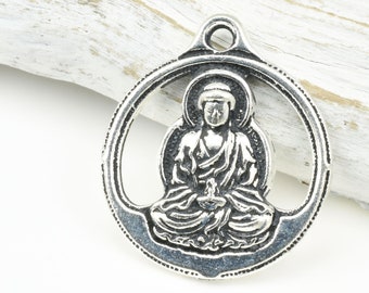 TierraCast Round Buddha Pendant - Antique Silver Pendant - Silver Buddha Charm 21mm x 24mm - Zen Yoga Charms for Meditation Jewelry (P1750)