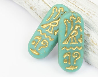Egyptian Cartouche Glass Beads - 25mm x 10mm Oval Beads - Turquoise Opaque Matte with Gold Wash - Czech Beads by Ravens Journey #844