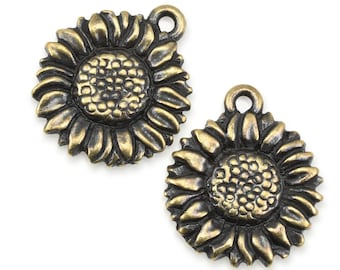 Antique Brass Charms - TierraCast Sunflower Charm - 15mm x 17mm Flower Pendant Brass Oxide for Fall Jewelry (P1718)