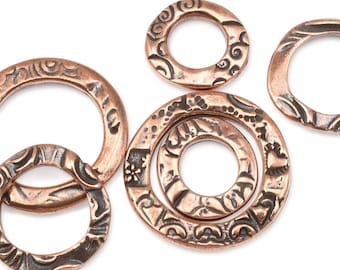 6 Piece Assortment Mix of Antique Copper Circle Charms Metal Rings TierraCast FLORA RING Links for Bohemian Jewelry