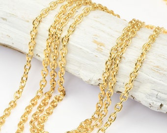 25 Foot Bulk Spool Delicate BRIGHT GOLD Chain - 2mm x 3mm Fine Link Cable Chain - Gold Plated Chain for Jewelry and Necklaces - USA Made