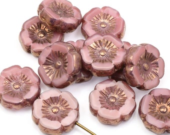 12mm Hibiscus Flower Beads - Dusty Rose Pink Flower Beads - Pink Silk with Bronze Finish - Czech Glass Flower Beads for Spring Jewelry #191