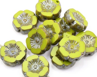 12mm Hibiscus Flower Beads - Gaspeite Green Opaque Aurora Borealis and Picasso Finishes - Czech Glass Flower Beads for Spring Jewelry #192