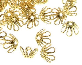 72 Gold Bead Caps - 6mm Filigree Style Plated Gold Beadcaps - 6.5mm Flexible Bendable Caps (FS36)