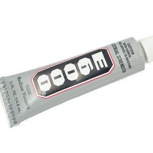 May include: A silver tube of E6000 industrial strength adhesive with a white cap. The tube is labeled "Clear, Medium Viscosity, 1/5 FL. OZ. (14.8 mL)".