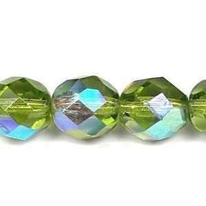 25 Olive AB Beads 8mm Czech Glass Fire Polish Faceted Round Green Beads Olivine Green AB Dark Lime Green Chartreuse