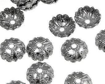 72 Gunmetal Bead Caps 7mm Ornate Dome Caps -  Gun Metal Beadcaps - Black Oxide Metal Beads (FSGM117)