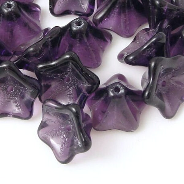 25 Purple Flower Beads - Dark Purple Tanzite Czech Beads 13mm x 8mm Trumpet Flower Czech Glass Beads Bellflower Bell Flower Beads