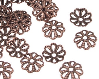 72 Copper Beadcaps - 6mm Antique Copper Bead Caps - 6mm Filigree Caps - Aged Dark Solid Copper Metal Beads (FSAC51)