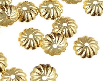 72 Gold Bead Caps 7mm Plated Gold Beadcaps - 7mm Pleated Dome Caps - Gold Plated Metal Beads (FS100)