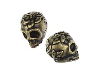 Antique Brass Beads - Sugar Skull Beads - Day of the Dead dia de los Muertos TierraCast Rose Skulls Bronze  (PA17)