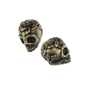 Antique Brass Beads - Sugar Skull Beads - Day of the Dead dia de los Muertos TierraCast Rose Skulls Bronze  (PA17)