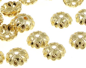 48 Gold Bead Caps 7mm Bright Gold Plated Ornate Domed Textured Closed Gold Beadcaps (FS118)