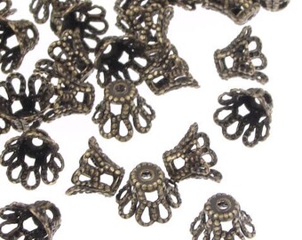 72 Antique Brass Bead Caps Brass Oxide Oxidized Brass Beadcaps 7mm Cone Style Filigree Bronze Bead Caps for Vintage Style Jewelry (FSAB25)