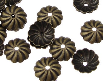 72 Brass Beadcaps 7mm Antique Brass Bead Caps - Pleated Dome Aged Solid Brass Caps - Vintage Style Bronze Metal Beads  (FSAB69)