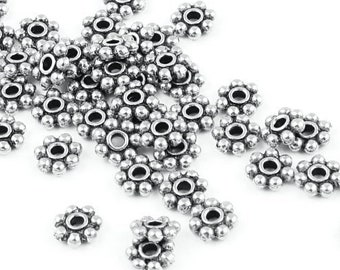 50 Silver Beads - 4mm Flat Daisy Beads - Antique Silver Bali Beads by TierraCast Tierra Cast (PS2)