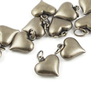 12 Puffed Heart Charms Bronze Antique Brass Charms Aged Solid Brass Vintage Style Bronze Charms Jewelry Charms for Jewelry Making (FSAB66)