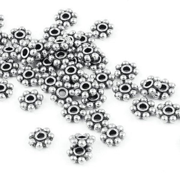 50 Silver Beads - 4mm Flat Daisy Beads - Antique Silver Bali Beads by TierraCast Tierra Cast (PS2)