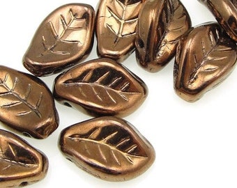 25 Leaf Beads - 14mm x 9mm Czech METALLIC DARK BRONZE Glass Leaves - Dark Brown Leaves - Fall Autumn Beads Leaf Briolettes Glass Beads