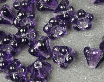 50 Baby Bell Flowers Czech Glass 4mm x 6mm Beads - Dark Tanzanite Purple Flower Beads - Tiny Glass Flower Beads for Jewelry Making