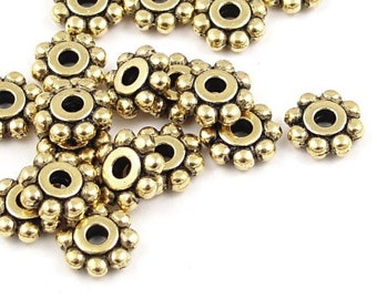 Gold Spacer Beads 6mm Flat Daisy Beads Antique Gold Beads TierraCast Beaded Heishi Beads Tierra Cast Pewter Beads Bali Beads (PS22)