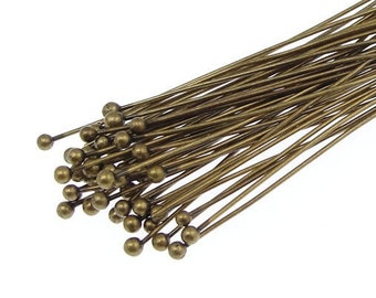 48 Antique Brass Ball Headpins 2" Aged Brass Ballpins 22 Gauge Ball Pins 22G Bronze Head Pin Findings (FB6)