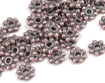 50 Antique Copper Beads - 5mm Daisy Bead Heishi Spacers - TierraCast Flat Beaded Accent Spacer Beads for Jewelry Making (PS101)