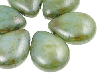 Earthy Sage Green Teardrop Briolette Beads 16mm x 12mm LUSTER OPAQUE GREEN Picasso Czech Glass Pendant Beads Pressed Glass Top Drilled Fall