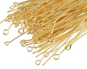 144 2" 21 Gauge Gold Eye Pins - Gold Plated Eyepins - 21 g Eye Head Pins - Gold Findings - 2 Inch Eye Pins (FB8)