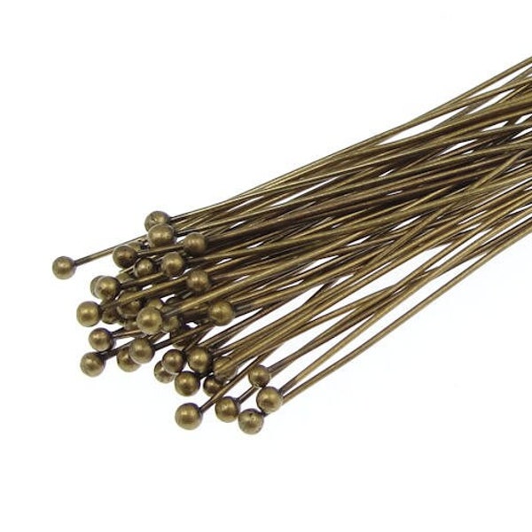 48 Antique Brass Ball Headpins 2" Aged Brass Ballpins 22 Gauge Ball Pins 22G Bronze Head Pin Findings (FB6)