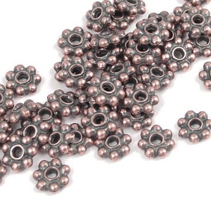 50 Antique Copper Beads - 5mm Daisy Bead Heishi Spacers - TierraCast Flat Beaded Accent Spacer Beads for Jewelry Making (PS101)