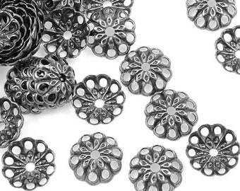 144 Matte Antique Silver Beadcaps - 6mm Filigree Petal - Plated Dark Antique Silver Bead Caps for Small Beads (FS180)