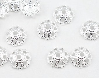 72 Bright Silver Beadcaps - 5mm Filigree Dome Caps - Plated Silver Bead Caps for Small Beads (FS147)