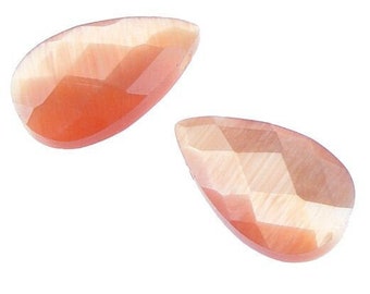 4 Cats Eye Briolettes - Medium Orange Fiber Optic Faceted Pendant Beads - Autumn Fall Beads for Jewelry Making