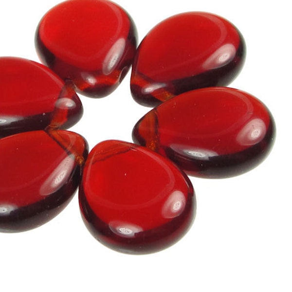 6 Briolettes - Bright Red Czech Glass Teardrops Siam Ruby Red Beads Briolette Beads 16mm x 12mm Pressed Glass Side Drilled Pear Shape Beads