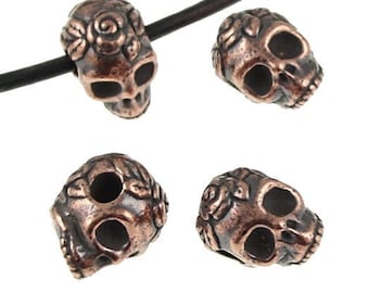 Sugar Skull Beads - Large Hole Beads for Leather - Antique Copper Rose Skull Beads TierraCast Dia de los Muertos Day of the Dead (PS202)