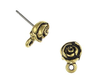 TierraCast Rose Earring Post Findings - Antique Gold Post Earrings - Gold Ear Findings for Jewelry Making Rosebud Rose Bud (PF205)