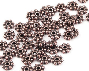 50 TierraCast 4mm BEADED Spacers - Antique Copper Flat Daisy Beads - Copper Bali Beads (PS100)