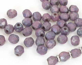 50 4mm Purple Beads - Czech Glass Firepolish 4mm Faceted Round Beads - Matte LUSTER OPAQUE AMETHYST Glass Beads for Jewelry Making